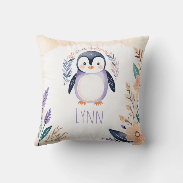 Custom Baby Penguin Pillow Boho Floral Design -  (Back)