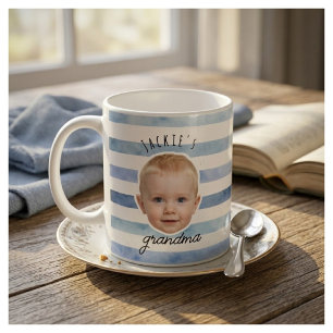 Custom Baby Photo Blue Striped First Father Day Coffee Mug