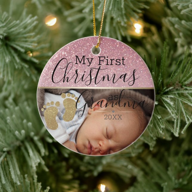 Custom Baby Photo First Christmas as Grandma Ceramic Tree Decoration (Tree)