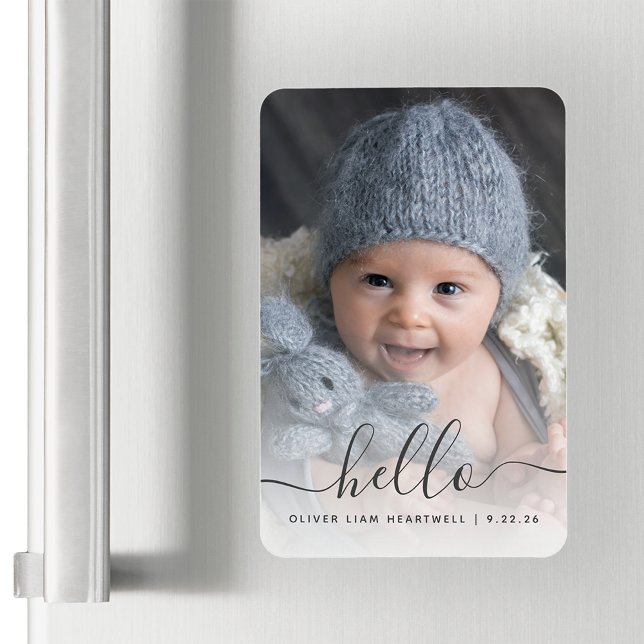 Custom Baby Photo Hello Birth Announcement Magnet (Creator Uploaded)