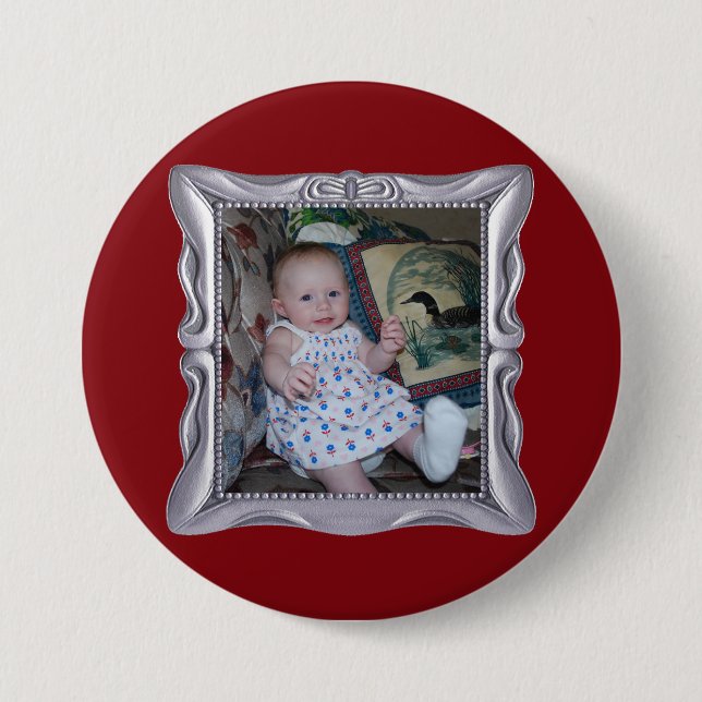 Custom Baby Photo in Fancy Silver Frame Add Photo 7.5 Cm Round Badge (Front)