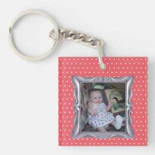 Custom Baby Photo in Fancy Silver Frame Pink Dots Key Ring