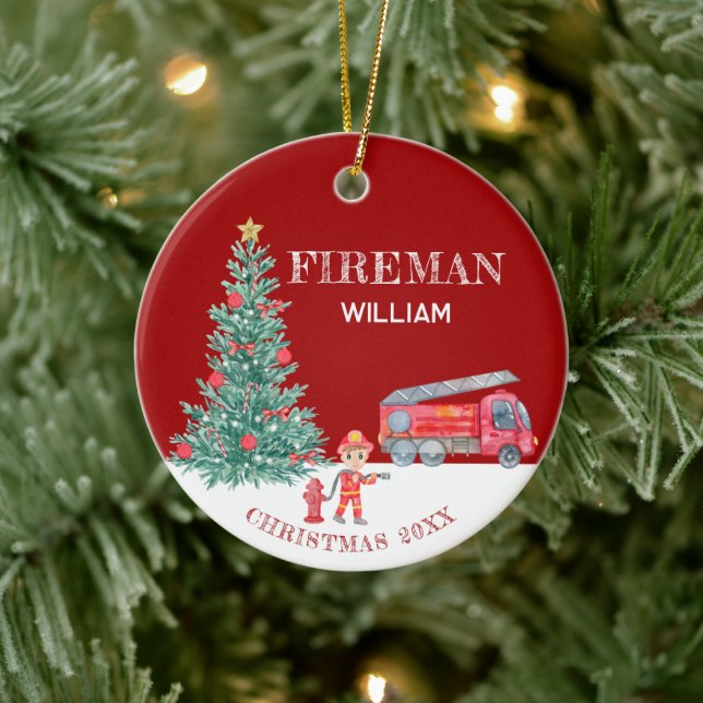 Custom Baby Photo Keepsake Fireman Christmas Tree Ceramic Tree Decoration (Tree)