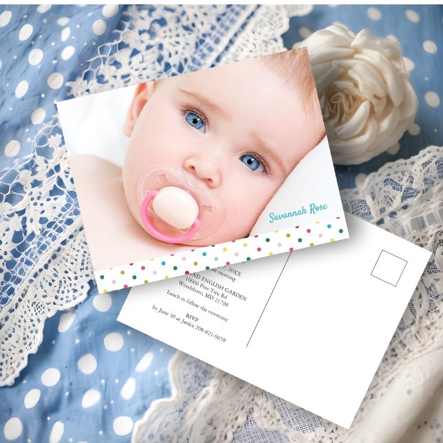 Custom Baby Photo Polka Dots Naming Ceremony Announcement Postcard (Custom Baby Photo Polka Dots Naming Ceremony Announcement Postcard.)