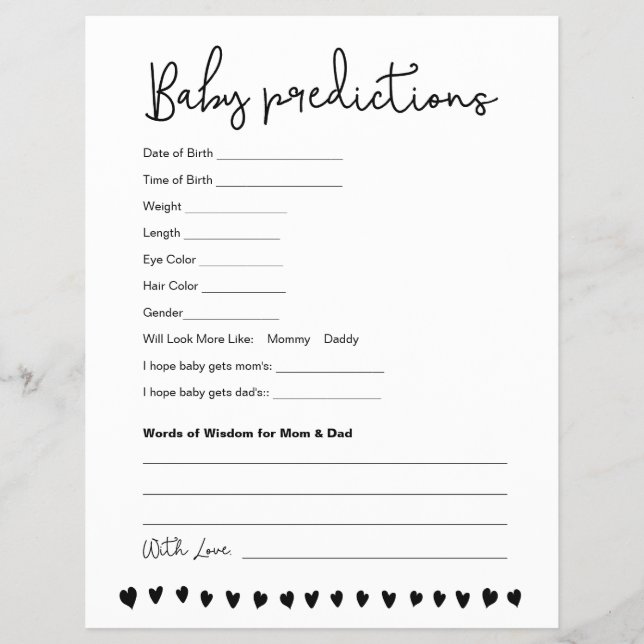 Custom Baby Predictions Baby Shower Game Neutral Flyer (Front)