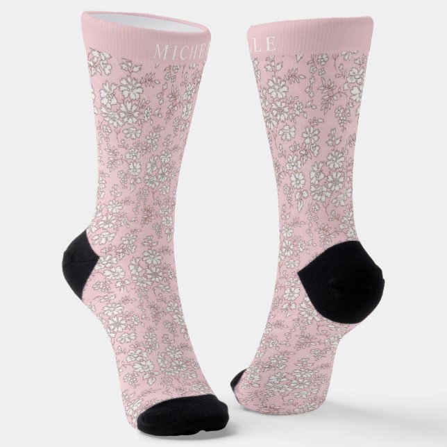 Custom Baby Rose Pink Floral White Flower Pattern  Socks (Angled)