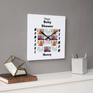 Custom Baby Shower 11 Photo Collage Square Wall Clock