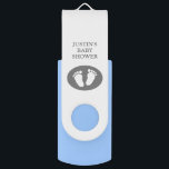 Custom baby shower footprints USB flash drive gift<br><div class="desc">Custom baby shower footprints USB flash drive gift. Personalised pen drive stick with cute baby feet logo image. Elegant typography for name, quote or monogram. Fun babyshower party favour gift idea for new mum with newborn, friends and family. Also great promo give away for business company. Custom pendrive design for...</div>