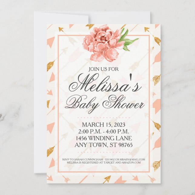 Custom Baby Shower Invite, Pink and Gold Arrows Invitation (Front)