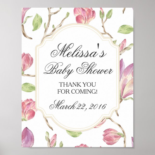 Custom Baby Shower Sign, Watercolor Floral Poster (Front)