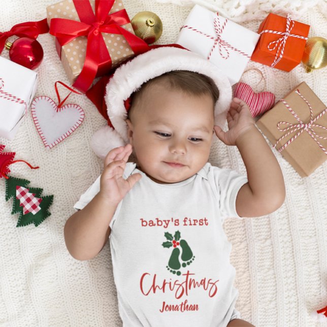 Custom Baby's First Christmas Foot print Holly Red Baby Bodysuit (Creator Uploaded)