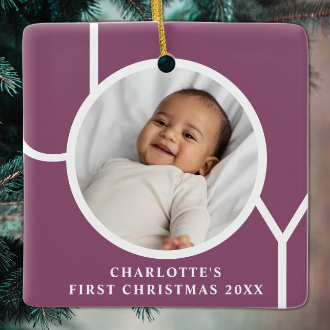 Custom Baby's First Christmas Holiday Photo Purple Ceramic Ornament (Creator Uploaded)