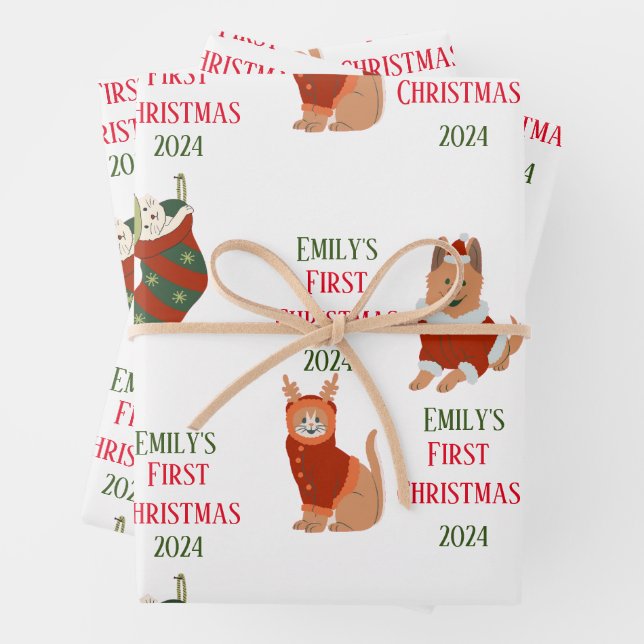 Custom Baby's First Christmas Pet  Wrapping Paper Sheet (In situ)