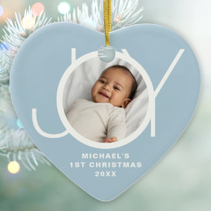 Custom Baby's First Christmas Photo Blue Ceramic Tree Decoration