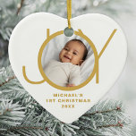 Custom Baby's First Christmas Photo  Ceramic Tree Decoration<br><div class="desc">This stylish heart-shaped Baby's First Christmas Photo Ornament is decorated with the word JOY in gold on a white background.
Easily customisable with your photo,  name,  and year.</div>