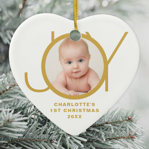 Custom Baby's First Christmas Photo Gold Script Ceramic Tree Decoration