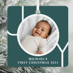 Custom Baby's First Christmas Photo Green Metal Tree Decoration<br><div class="desc">This keepsake Baby's First Christmas Photo Ornament is decorated with the word JOY on a dark green background.
Easily customisable with your photo,  name,  and year.</div>