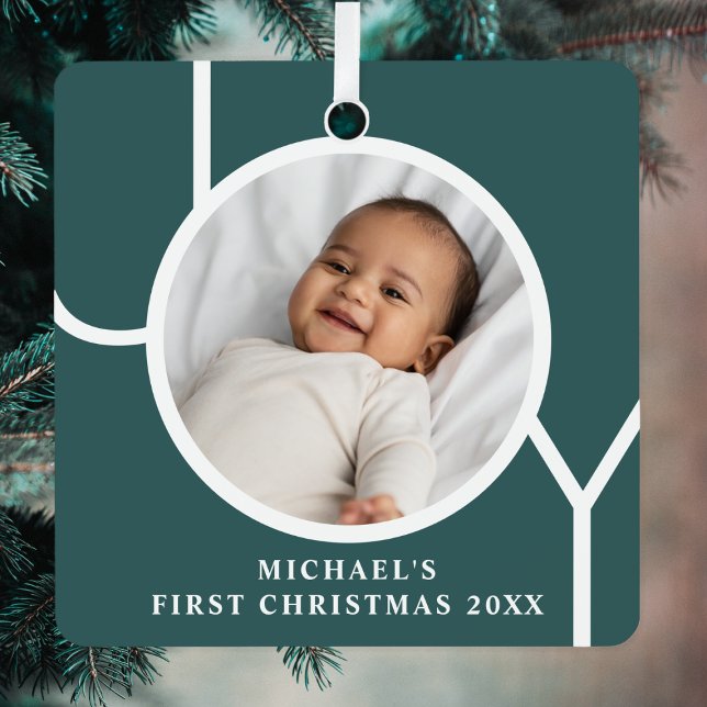 Custom Baby's First Christmas Photo Green Metal Tree Decoration (Creator Uploaded)