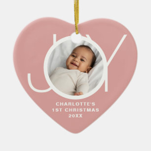 Custom Baby's First Christmas Photo Joy Pink Ceramic Tree Decoration