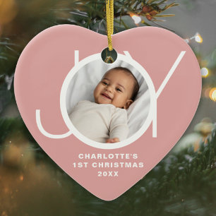 Custom Baby's First Christmas Photo Joy Pink Ceramic Tree Decoration