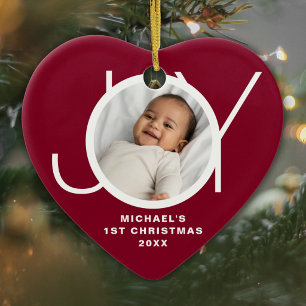 Custom Baby's First Christmas Photo Maroon Ceramic Tree Decoration