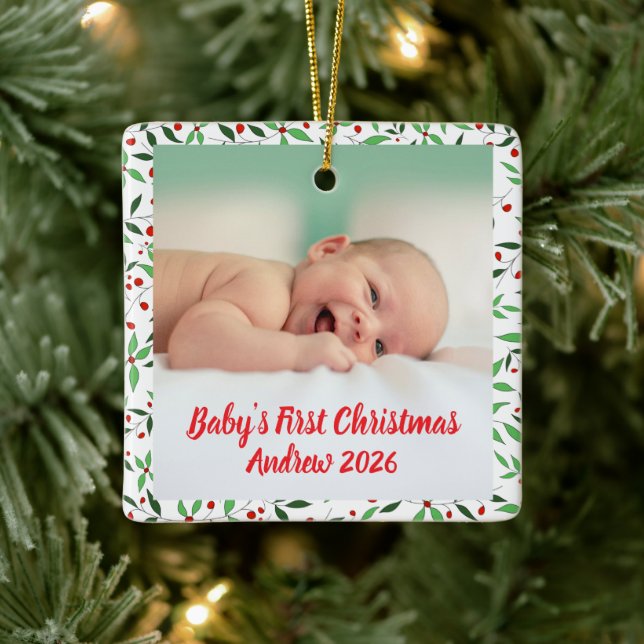 Custom baby's first Christmas Photo name Ceramic Ornament (Tree)