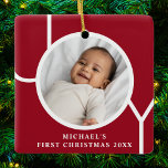 Custom Baby's First Christmas Photo Red Ceramic Ornament<br><div class="desc">This stylish Baby's First Christmas Photo Ornament is decorated with the word JOY on a maroon-red background.
Easily customisable with your photo,  name,  and year.</div>