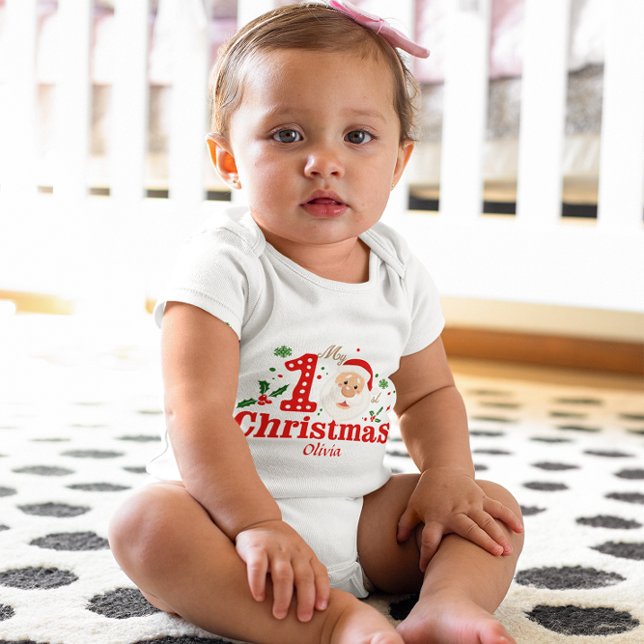 Custom Baby's First Christmas Santa Claus Holly Baby Bodysuit (Creator Uploaded)