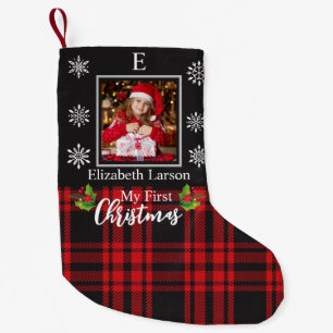 Custom Baby's First Xmas Monogram Black photo Small Christmas Stocking