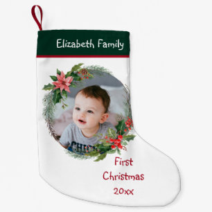 Custom Baby's Photo First Xmas - Name Year Green Small Christmas Stocking