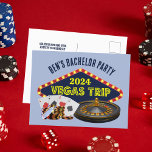 Custom Bachelor Party Las Vegas Trip Invitation Postcard<br><div class="desc">Customise your own bachelor party invitation postcard for a Las Vegas trip. Cool personalised postcard invites featuring gambling casino staples such as a deck of cards,  poker chips,  and roulette wheel with Vegas Trip in yellow script. Fun gambler getaway for your groomsmen and best man.</div>
