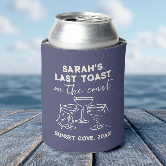 Custom Bachelorette Last Toast on The Coast Party Can Cooler (A can cooler with "Last Toast" printed on it, resting on the sand, celebrating a bachelorette party )