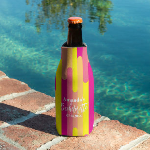Custom Bachelorette Pink and Yellow Pattern Bottle Cooler