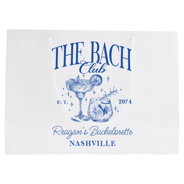 Custom Bachelorette Retro Cocktail Blue Large Gift Bag (Back)
