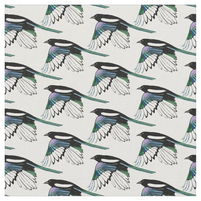 Custom back Colour Magpie Bird in Flight Watercolo Fabric (Close Up)