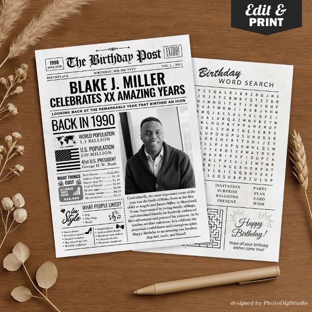 Custom Back in 1990 Newspaper Birthday Card, Trend Holiday Card (Custom Back in 1990 Newspaper Birthday Card, Trend Holiday Card)