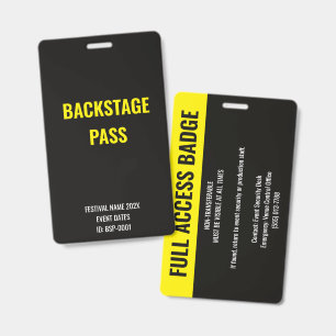 Custom Back Stage Full Access Concert Yellow ID Badge