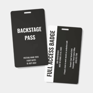 Custom Back Stage Full Access Music Festival Black ID Badge