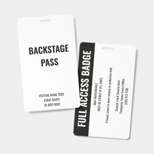 Custom Back Stage Full Access Music Festival White ID Badge