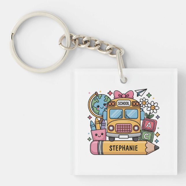 Custom Back-to-School Bus - Personalise Key Ring (Front)