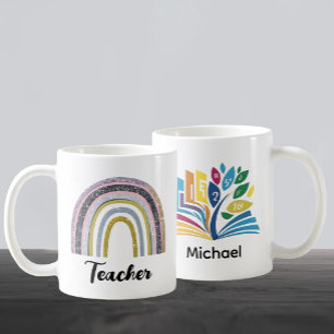Custom Back To School Gift   Gold Glitter Rainbow Coffee Mug