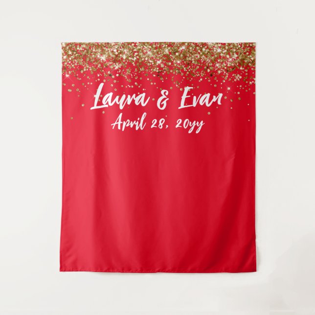 Custom Backdrop Wedding Photo Booth Red Gold White Tapestry (Front)