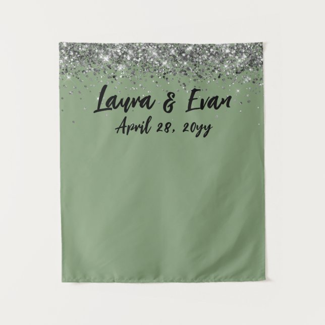 Custom Backdrop Wedding Photo Booth Sage & Silver Tapestry (Front)