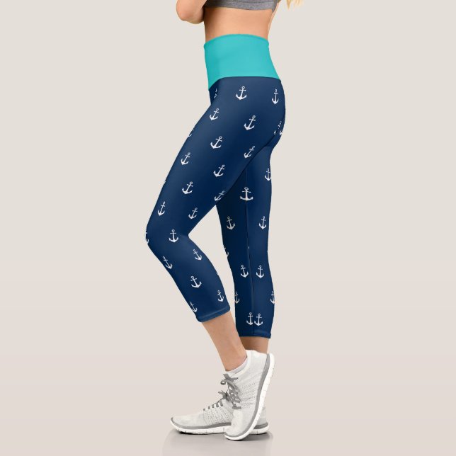 Custom Background Colours Nautical White Anchor Capri Leggings (Left)