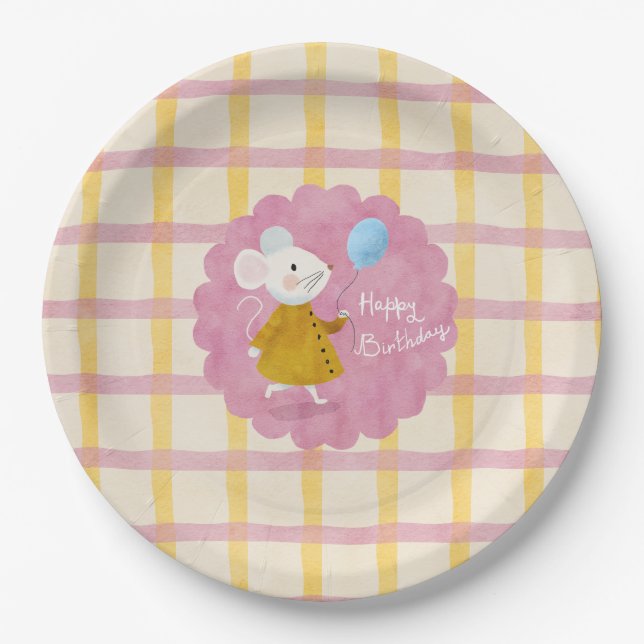 Custom Background Pink Yellow Plaid Mouse Birthday Paper Plate (Front)