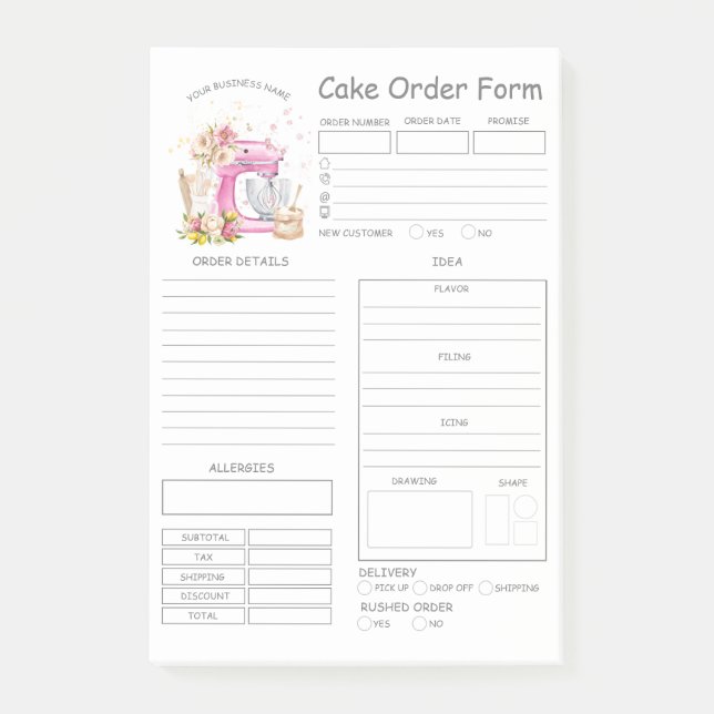 Custom  Bakery Cake Order Form Post-it Notes (Front)