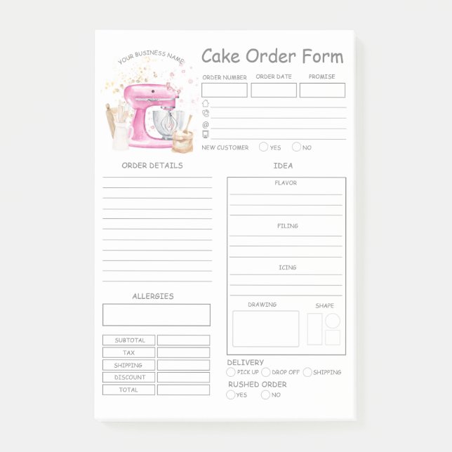 Custom  Bakery Cake Order Form Post-it Notes (Front)