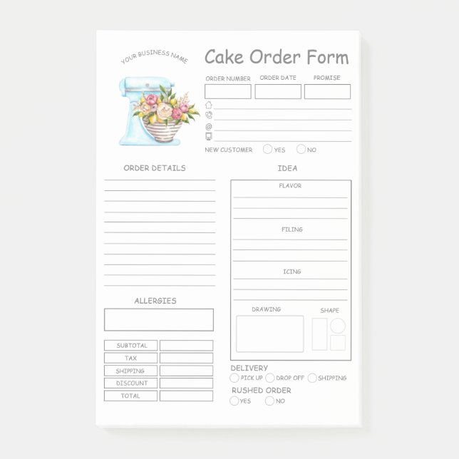 Custom  Bakery Cake Order Form Post-it Notes (Front)