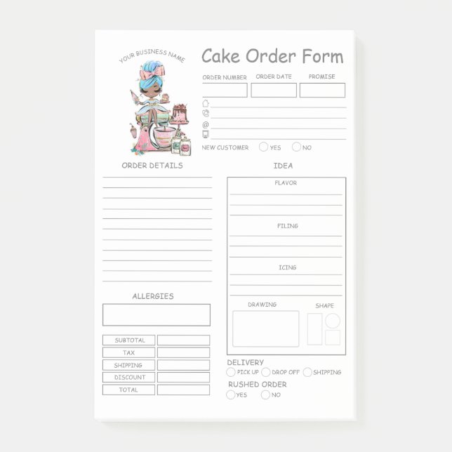 Custom  Bakery Cake Order Form Post-it Notes (Front)