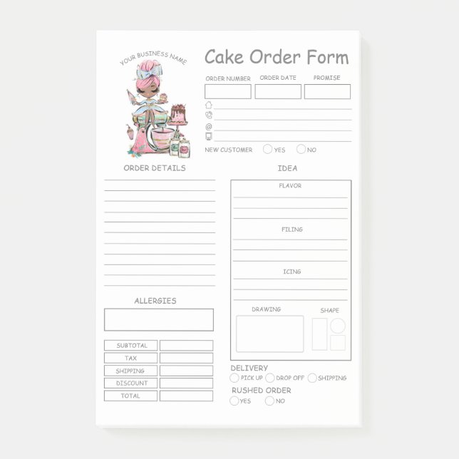 Custom  Bakery Cake Order Form Post-it Notes (Front)